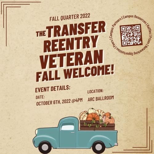 Fall Quarter 2022: The Transfer, Reentry and Veteran Fall Welcome details. A blue pickup truck pictured with a bed full of pumpkins and vines